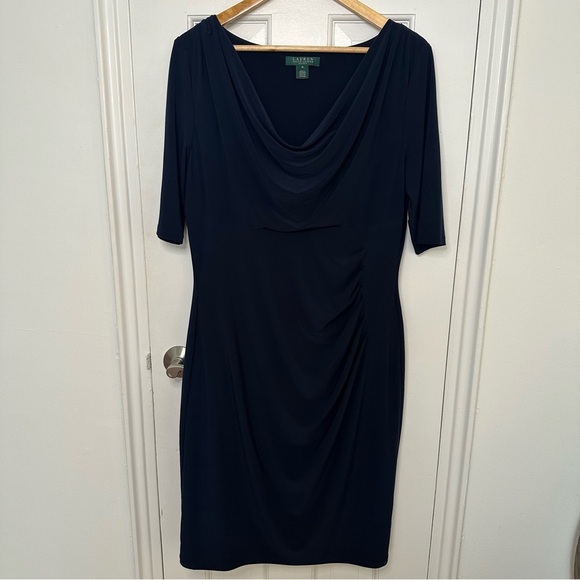 LAUREN Ralph Lauren Carleton Jersey Cowl Neck Sheath Dress Navy Blue Cocktail 16 - Picture 4 of 10
